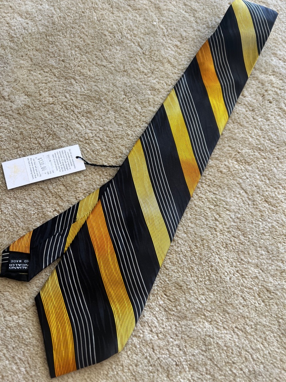 Vintalino Pancaldi Men's Black and Yellow Striped 💯 Silk Tie NWT